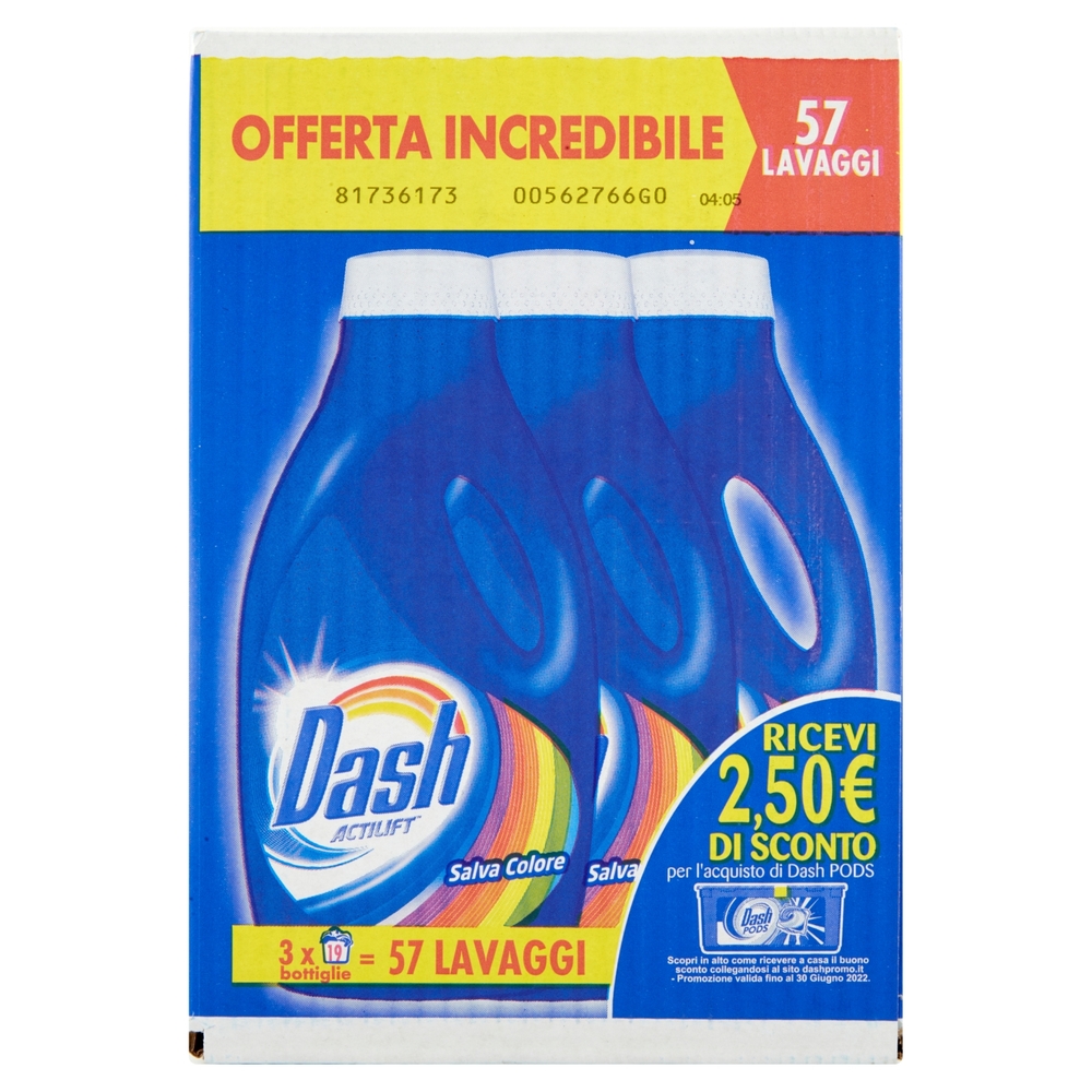 Dash Detersivo Liquido Lavatrice Salva Colore 57 Lavaggi, 3x19 Lavaggi